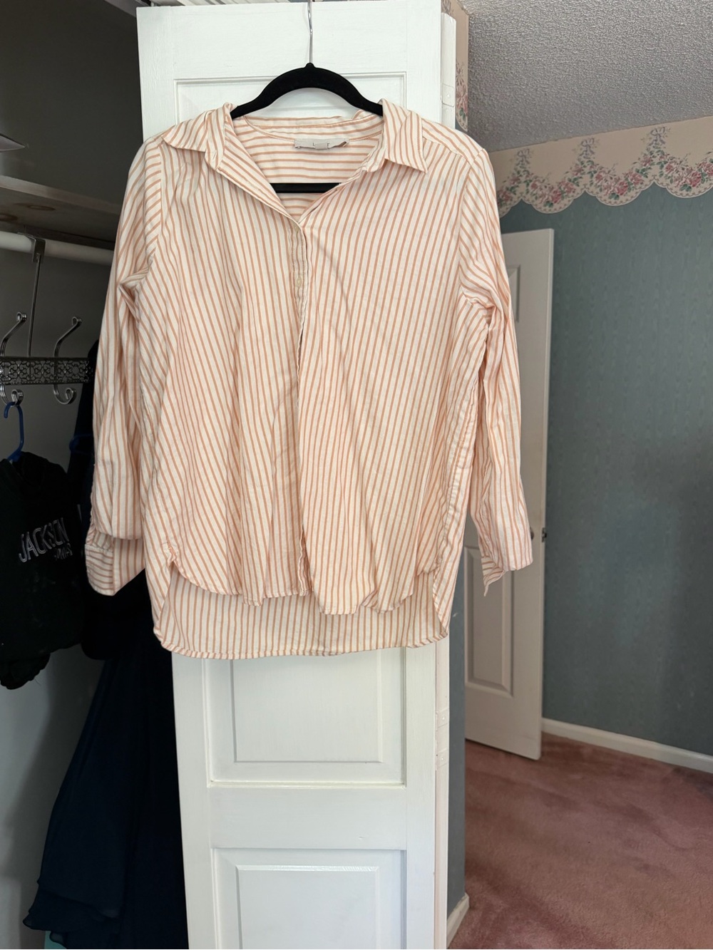 LOFT Peach and White Striped Button-Down Shirt